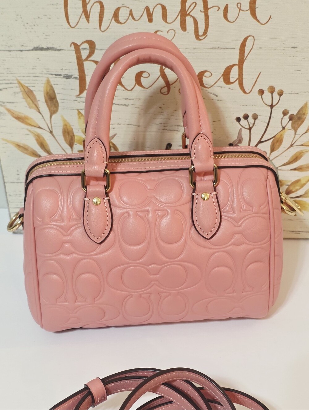 Coach Mini Rowan Crossbody Light Blush Gold CN754 + Tea Rose Coach Charm - Picture 7 of 16
